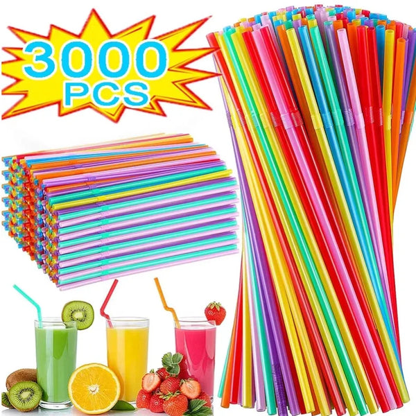 A bundle of colorful reusable plastic drinking straws in various bright colors and shades.
