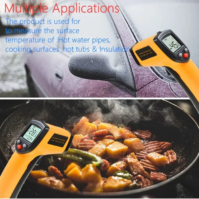 An orange digital infrared thermometer is used to measure the surface temperature of food in a pan.