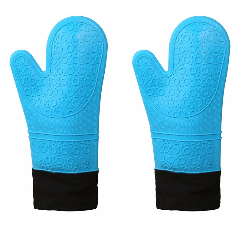 A pair of bright blue heat resistant silicone oven mitts with black wrist grips.