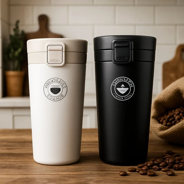 Weiße und schwarze doppelwandige Thermosflasche auf Holzoberfläche
