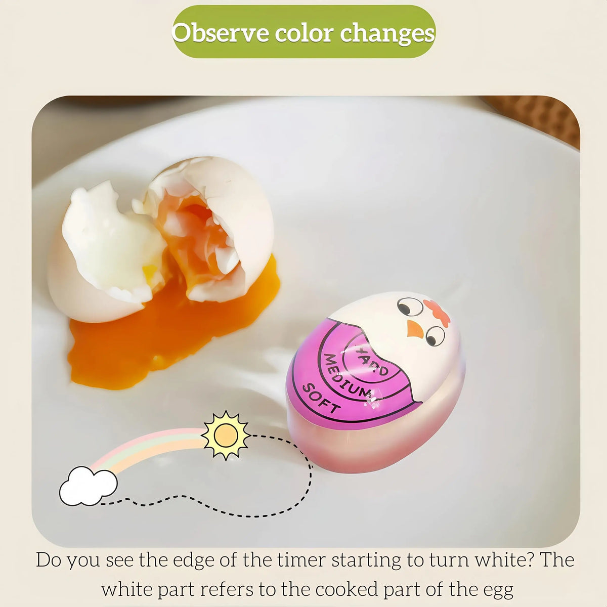 A boiled egg timer shows a color change, with the white part turning white to indicate the cooked egg.