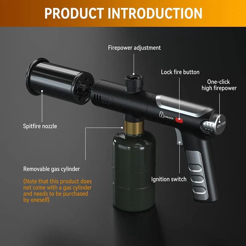 A black adjustable propane torch with a spitfire nozzle and ignition switch is shown next to its removable gas cylinder.