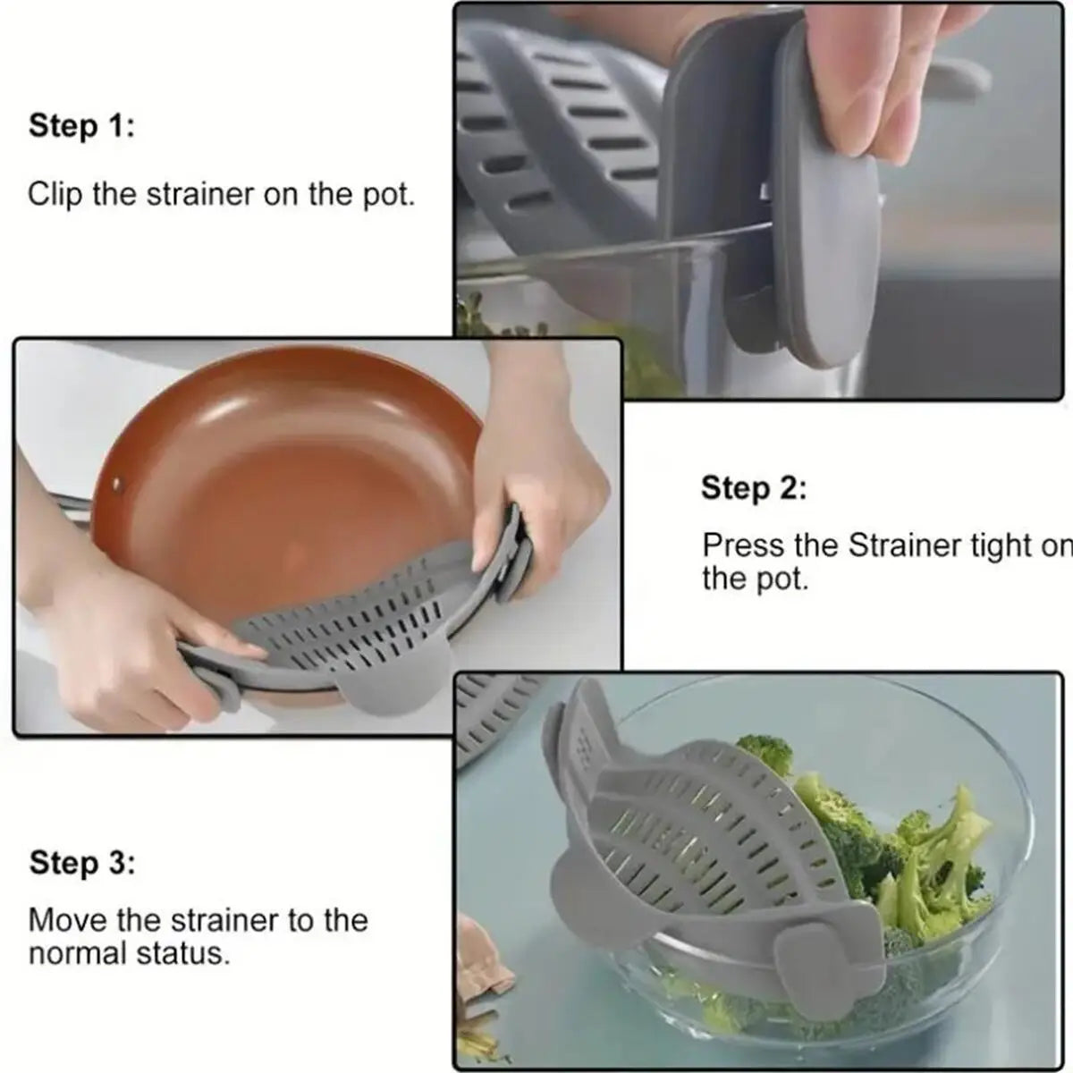 Instrucciones paso a paso para cortar, presionar y mover un colador de olla ajustable de acero inoxidable.