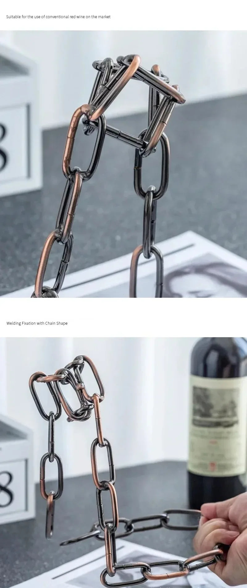 A close-up of a bronze chain-shaped suspension wine rack used for home bar decor.