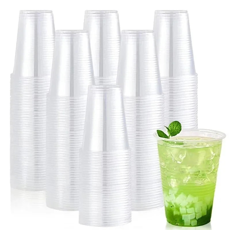 A stack of clear disposable plastic cups for drinks, including various sizes and shapes.
