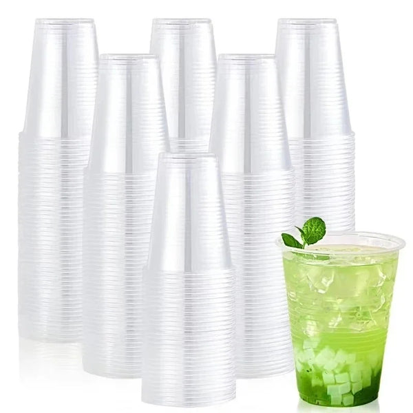 A stack of clear disposable plastic cups for drinks, including various sizes and shapes.
