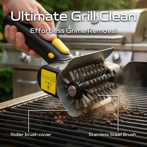 A hand holds an electric grill cleaning brush with a roller brush cover and stainless steel brush on a BBQ grill grate.