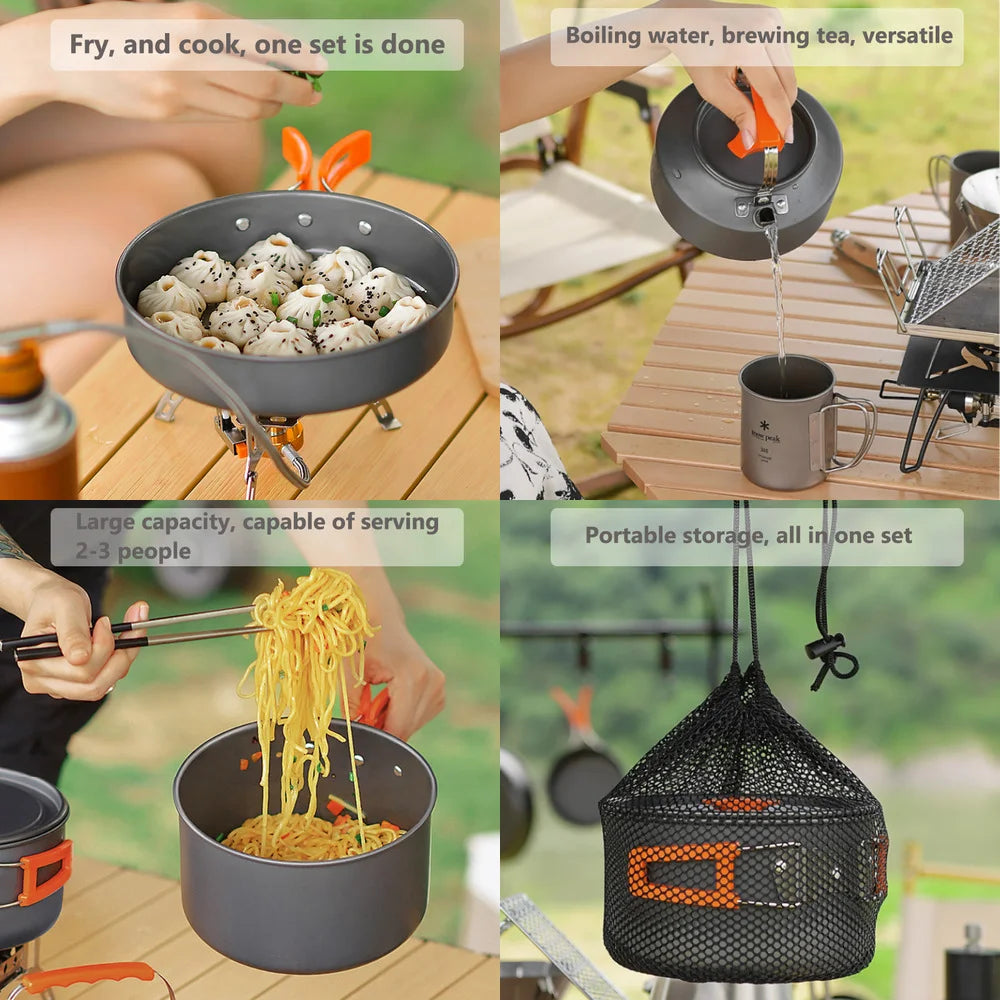 A set of camping cookware includes a frying pan, a teapot, and a portable storage bag for outdoor cooking.