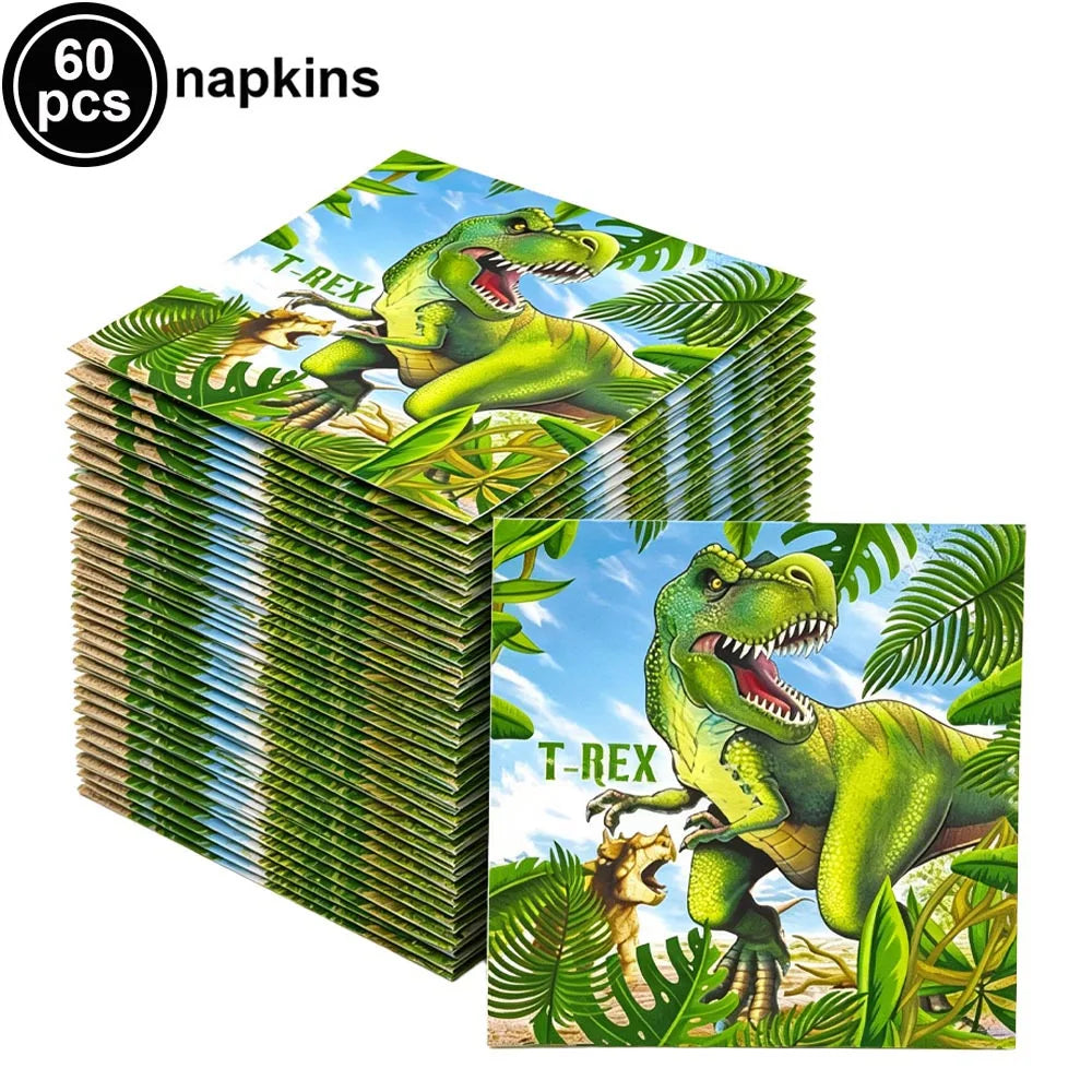 A set of 60 dinosaur-themed napkins featuring a T-Rex design on green and tropical foliage.
