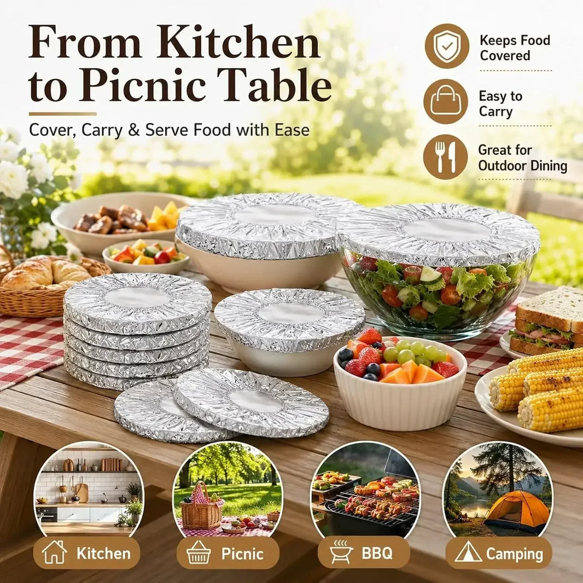 Stack of reusable aluminum foil food covers used to transport and serve food from kitchen to picnic table.