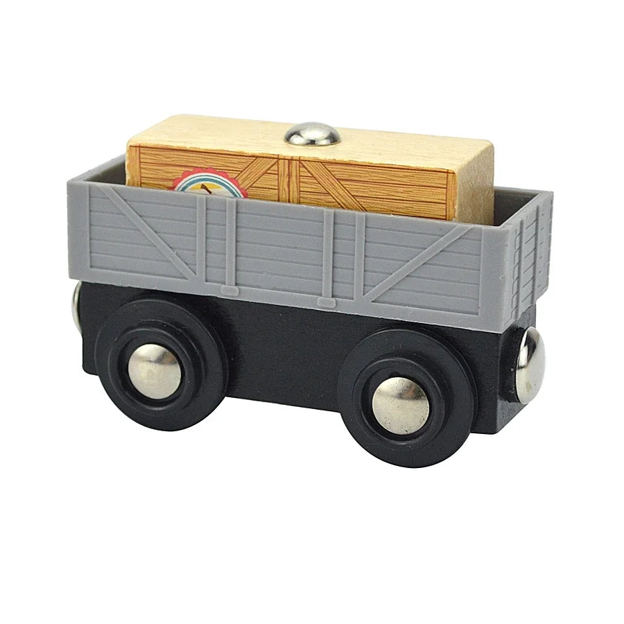 A wooden magnetic train car set featuring a gray box and black wheels.