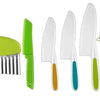 A set of green and white plastic fruit and cake cutting knives for kids