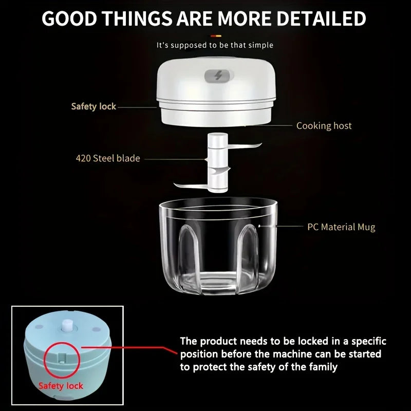 Diagram showing the components of a food processing machine including a safety lock, cooking host, blade, and PC material mug