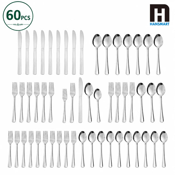 Sammlung von 60 Edelstahlbesteckstücken, einschließlich Gabeln, Messer und Löffel zum Essen.