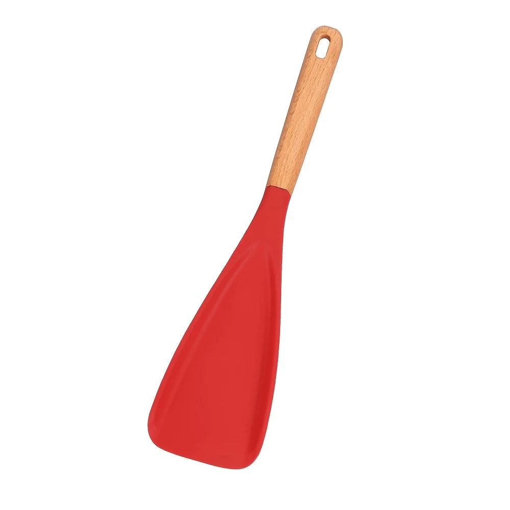 A red silicone cooking spoon and spatula with a wooden handle.