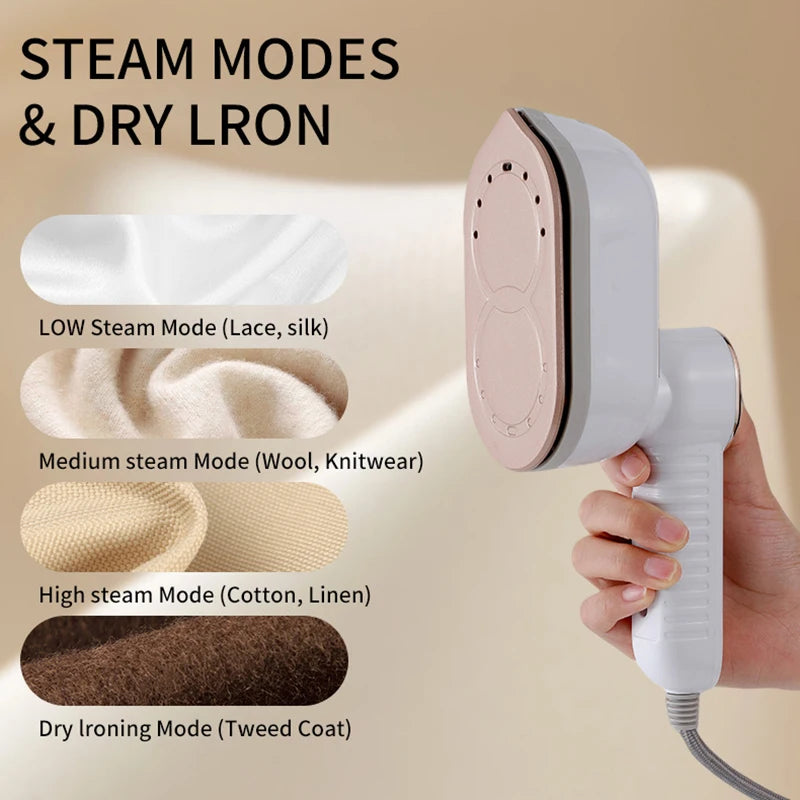 A handheld garment steamer with various steam modes and a dry ironing mode shown next to fabric examples.