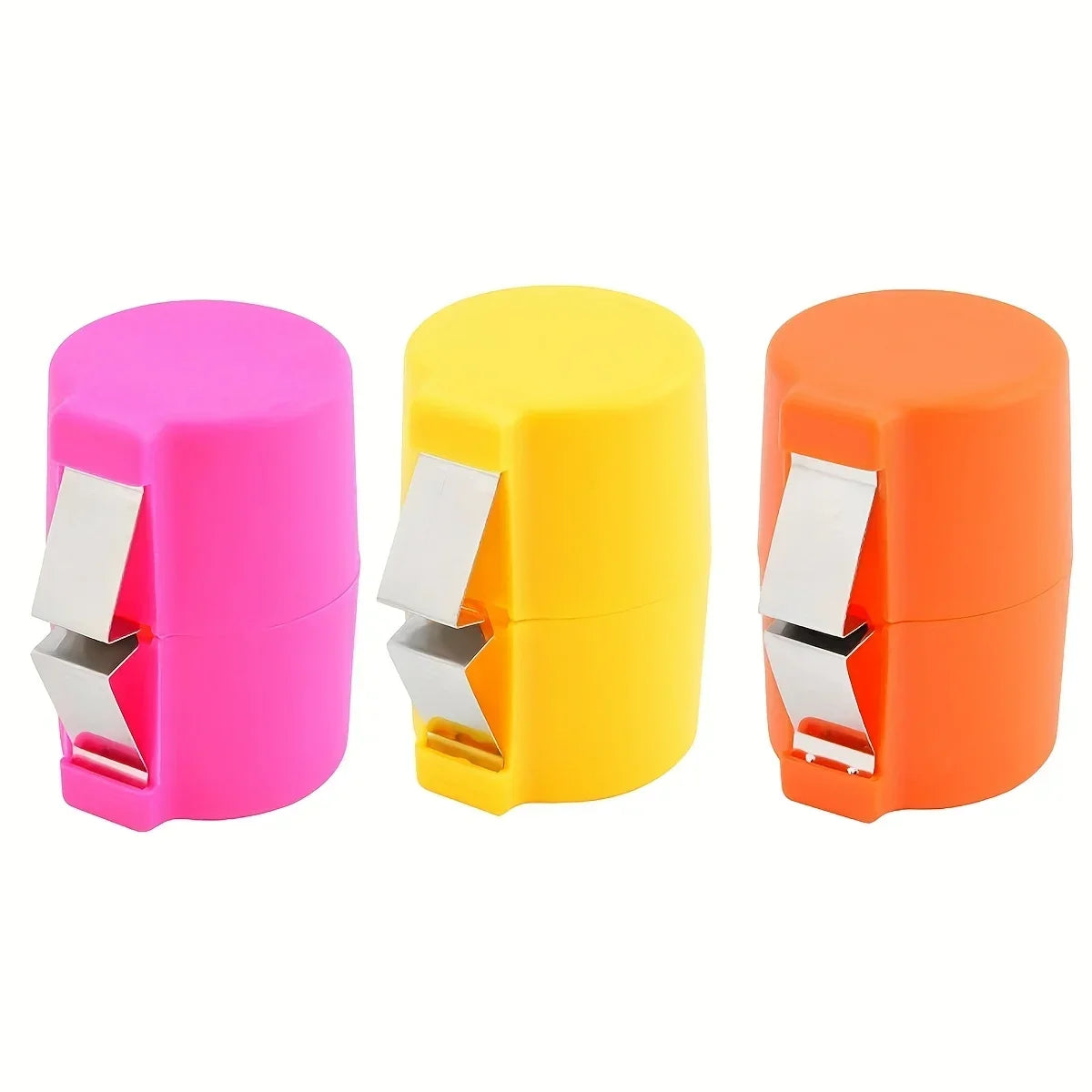 Three colored portable egg shell opener tools in pink, yellow, and orange.