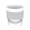 A white stackable food-grade ice mold with a cylindrical shape.