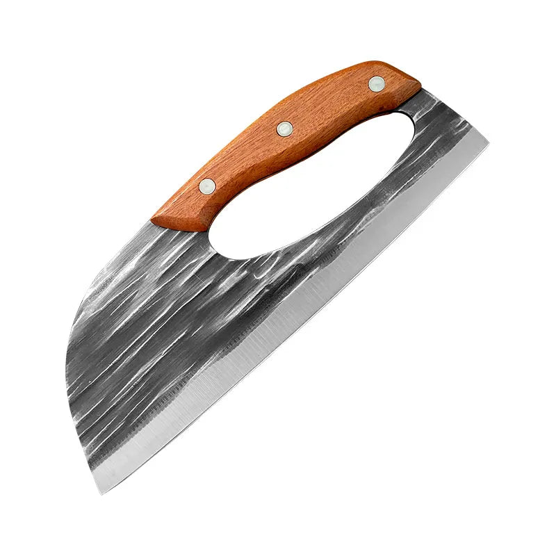 Hand-forged stainless steel chef knife with a wooden handle shown from above.
