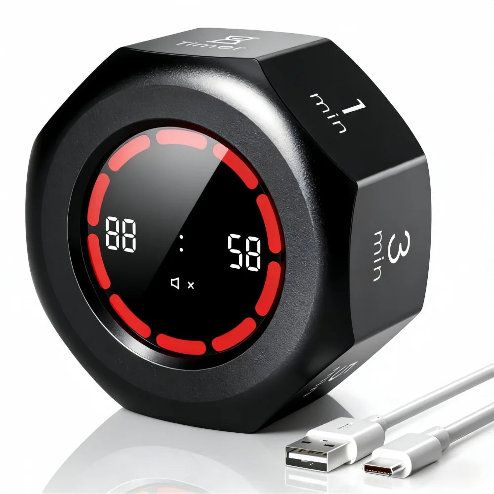 A black digital kitchen and study timer with a red display and USB cable.