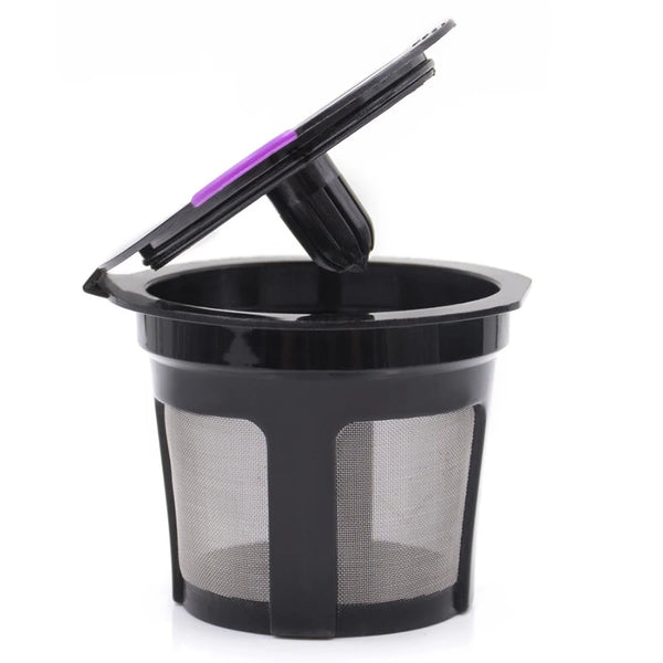 Black reusable coffee filter with a purple lid for Keurig K-Cup brewers