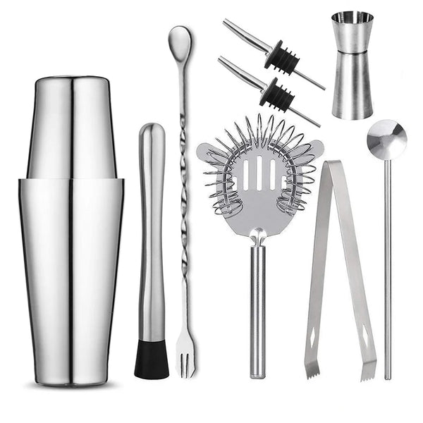 A set of professional stainless steel cocktail shakers including a shaker, stirring spoons, and a muddler.