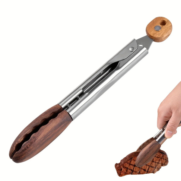 Walnut wood kitchen tongs with a stainless steel head and hanging loop