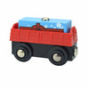 A red wooden magnetic train car set with a blue box on top.