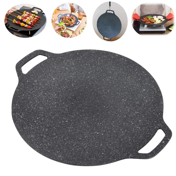 Rundes, dunkelgraues antihaftbeschichtetes Marmergrillpfanne mit Griff, gezeigt neben Speisevorbereitungsbildern.