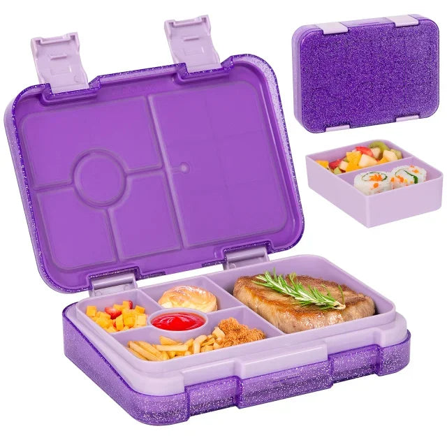 Boîte bento pour enfants violette avec compartiments, contenant divers aliments comme viande et légumes