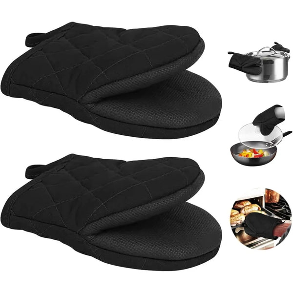 Black heat resistant oven mitts with non-slip silicone grips shown alongside a metal bowl and food items.