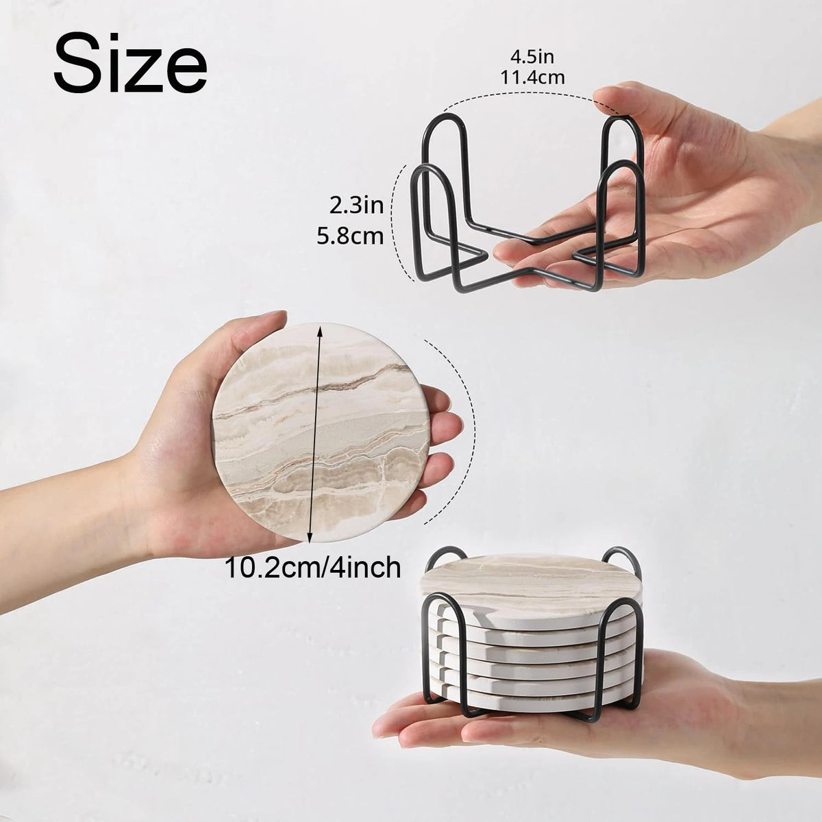 A set of six marble style acrylic coasters is shown being held by a hand, with size measurements provided.