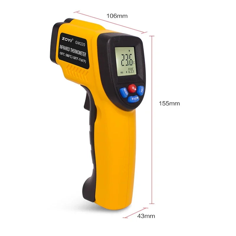 A yellow ZOYI GM32 infrared thermometer shown in a side view with dimensions labeled.