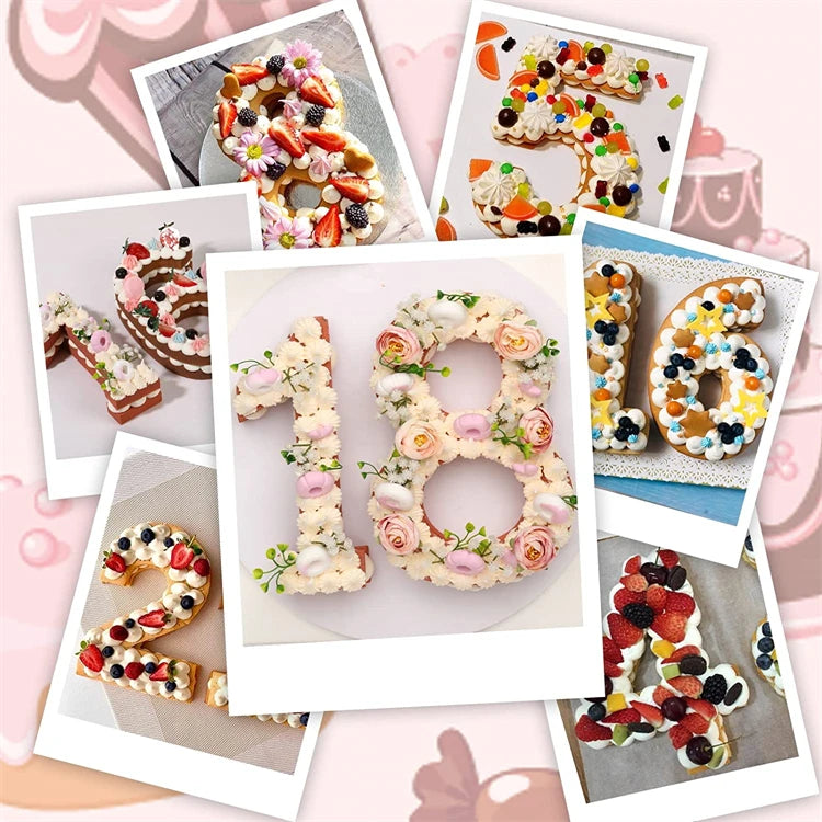 A collection of 3D large number cake molds for ages 0 through 9, featuring floral and colorful designs.