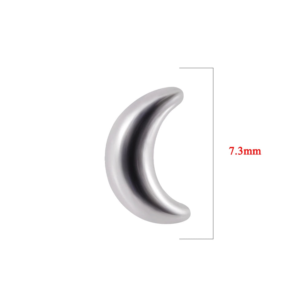 A silver surgical steel dermal anchor body jewelry piece with a curved, crescent shape, measuring 7.3mm.