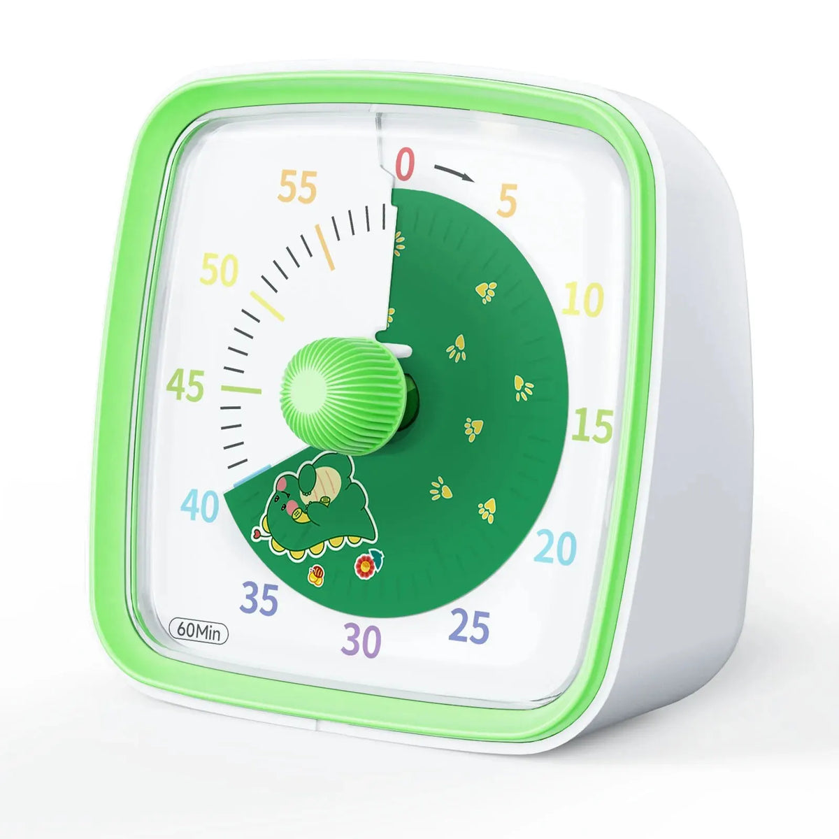 A green and white visual countdown timer with a circular display showing time remaining.