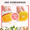 Comparison showing a used and unused orange slice with a suction knife sharpener.