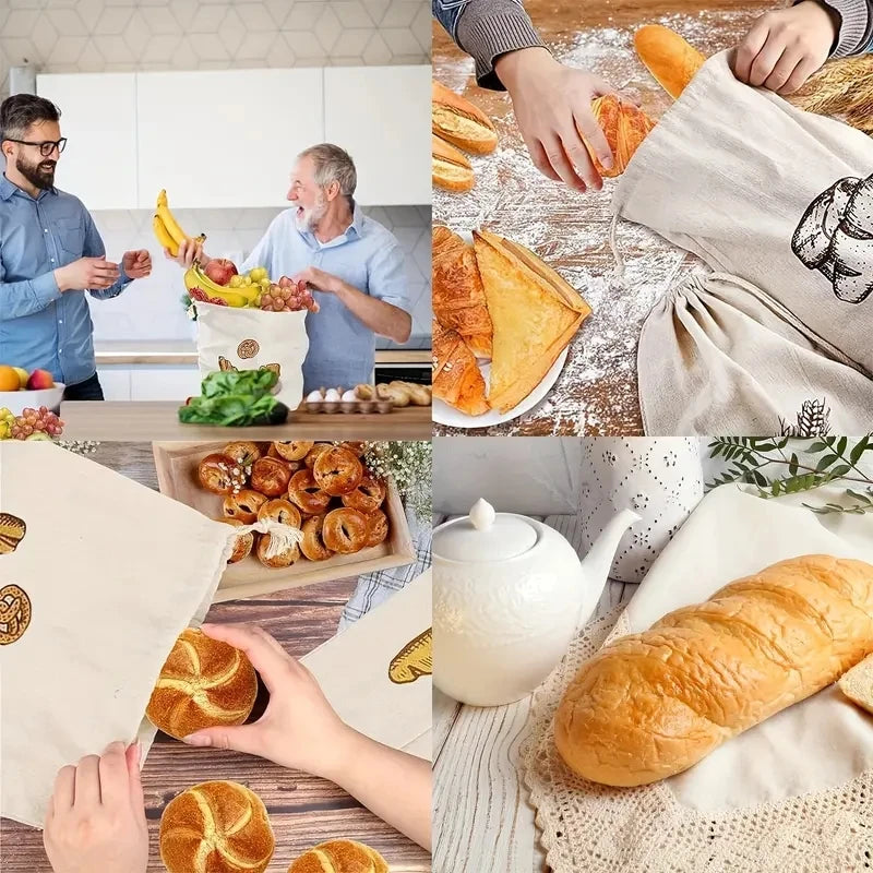 A collection of images showing a reusable linen bread bag with drawstring, filled with baked goods like bread and fruit.