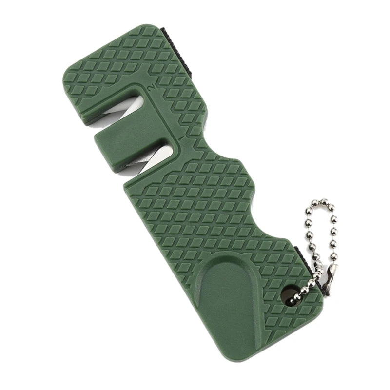 A dark green portable mini knife sharpener keychain with a textured grip and a metal loop.