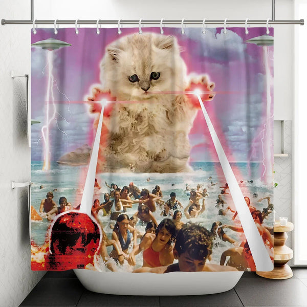 A shower curtain featuring a photo of a fluffy cat surrounded by people in the water.