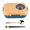 A light orange double layer thermal lunch box with a lid and a set of stainless steel utensils.
