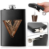 A black stainless steel flask water bottle featuring an embossed V-shaped art pattern and a metal cap.