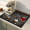 A black coffee shop themed mat featuring illustrations of various coffee drinks and a manual coffee grinder.