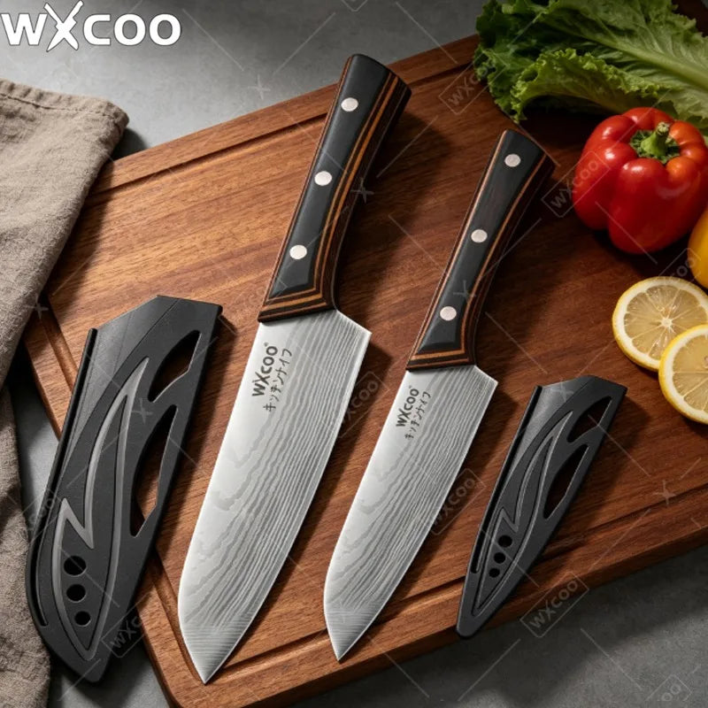 A set of three black Japanese Santoku chef knives with wooden handles resting on a wooden cutting board.