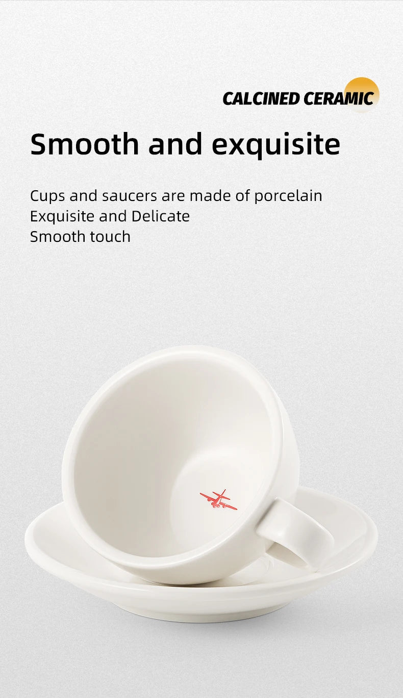 A white porcelain latte cup and saucer set shown on a light gray background.