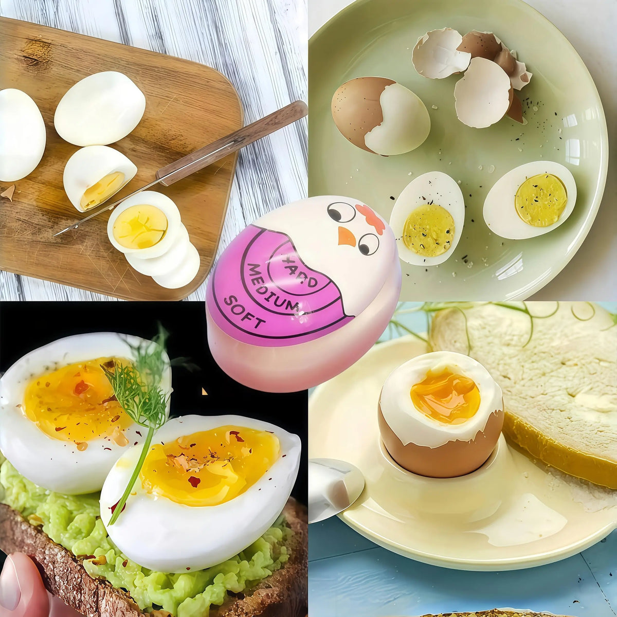 A collection of boiled eggs, a wooden cutting board, and a pink timer shaped like an egg.