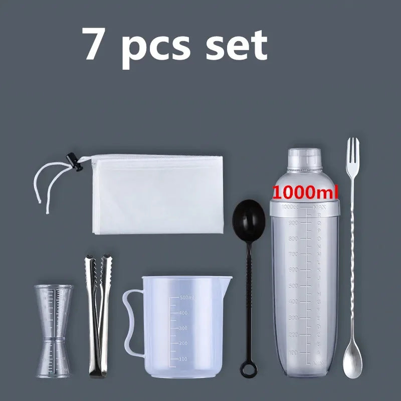 A set of seven plastic cocktail tools including a shaker, strainer, and spoon.
