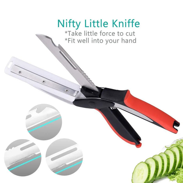 Ein Paar Nifty Little Messer-Gemüseschere mit silbernen Klingen und schwarz-roten Griffen.