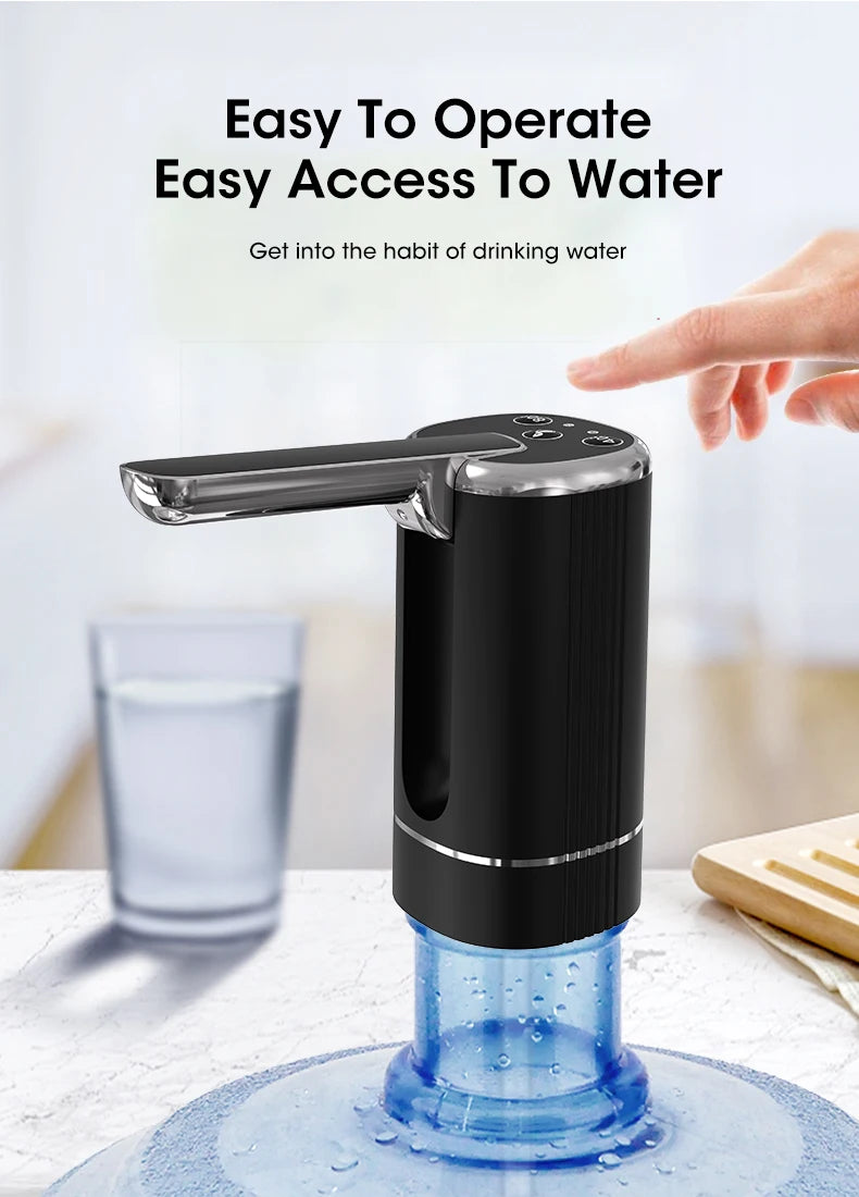 A black portable electric bottle water pump is shown dispensing water into a glass.