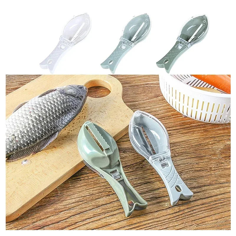 A set of natural fish scale grater and scraper tools in light green and silver colors shown next to a fish.
